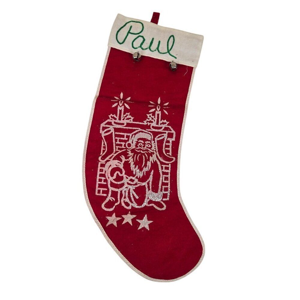 Vintage 60s Red White Christmas Stocking Santa Glitter Design Bells Personalized